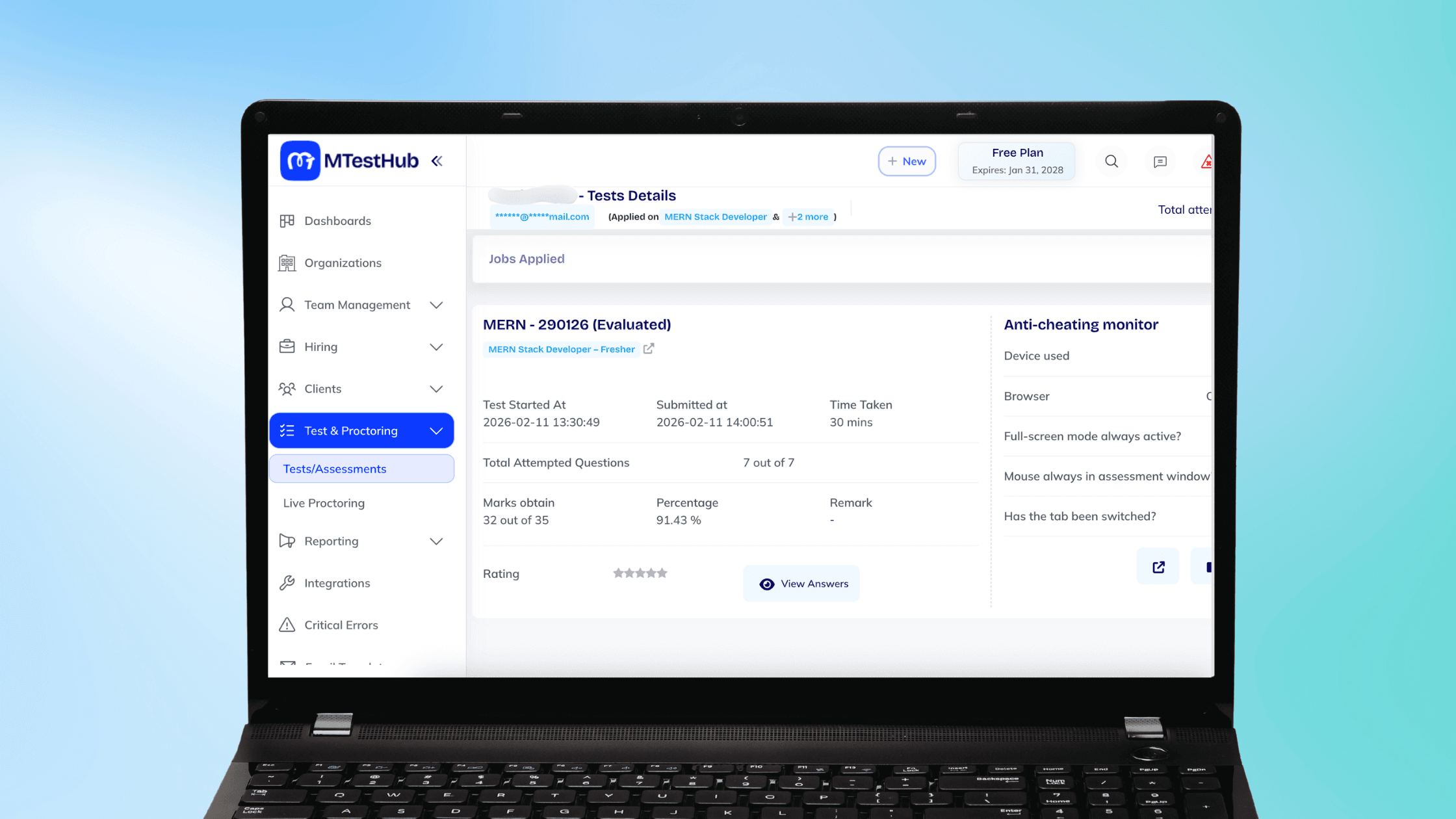 MTestHub assessment results and activity monitoring dashboard