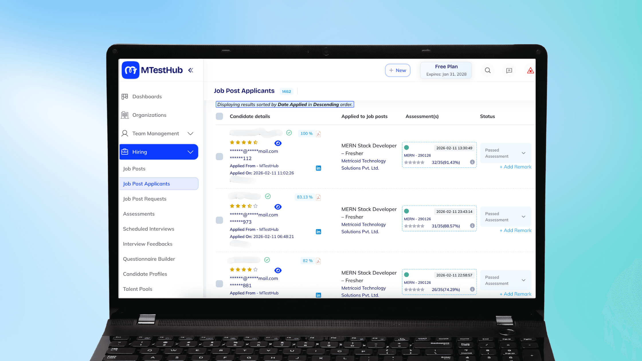 MTestHub applicant screening dashboard
